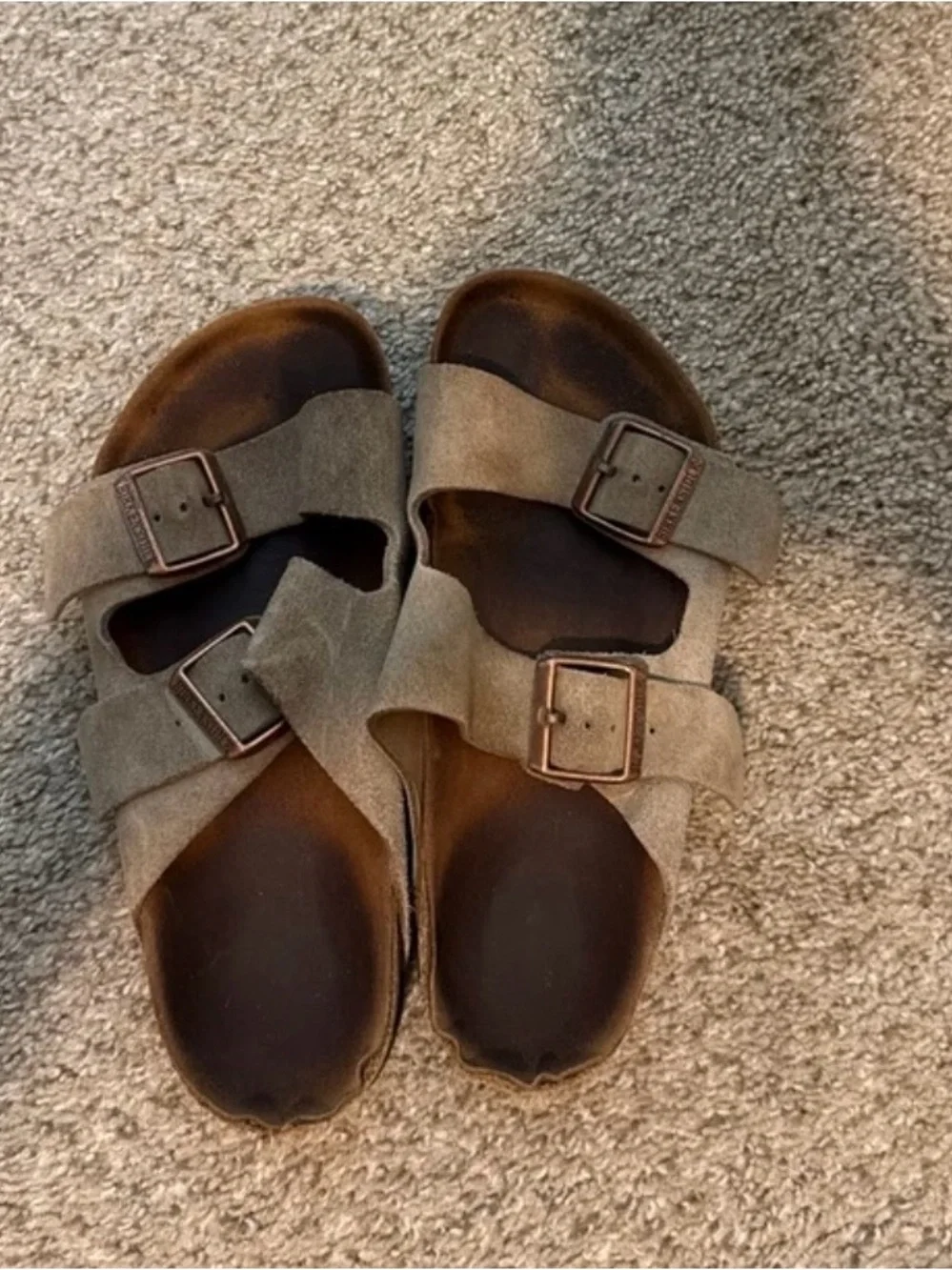 Birkenstock Taupe Suede Double-Strap Sandals with Copper Buckles